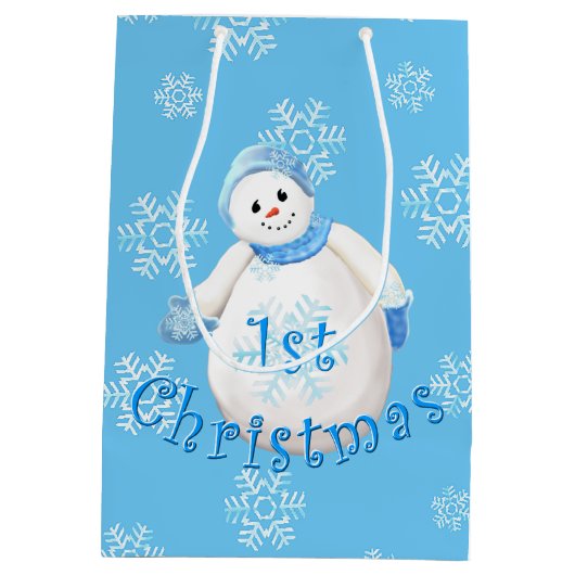 Eerste Kerstmis Snowman en Snowflakes Medium Cadeauzakje (Achterkant)