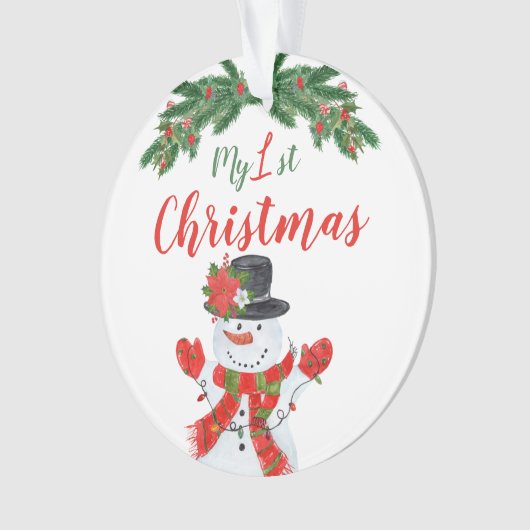 Eerste Kerstmis Snowman Poinsettia Ornament (voorkant)