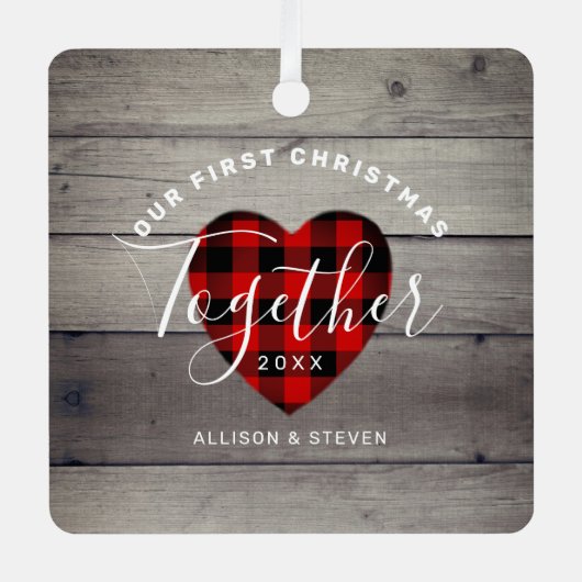 Eerste Kerstmis Together Couples Rustic Personaliz Metalen Ornament (Voorkant)
