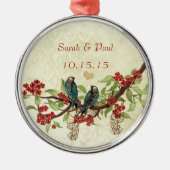 Eerste Kerstmis:  Tortelduifjes met rode bloemen Metalen Ornament (Voorkant)