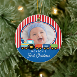 Eerste kerstmis treinfoto voor baby jongen keramisch ornament