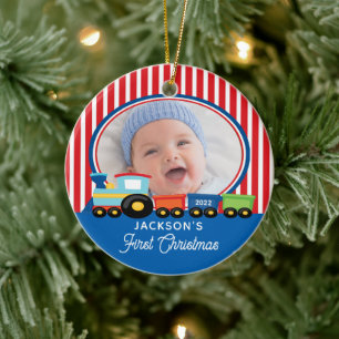 Eerste kerstmis treinfoto voor baby jongen keramisch ornament
