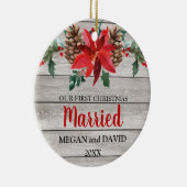 Eerste Kerstmis trouwde met rustige winterbloemen Keramisch Ornament (Rechts)