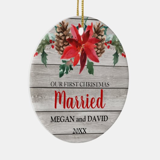 Eerste Kerstmis trouwde met rustige winterbloemen Keramisch Ornament (Rechts)