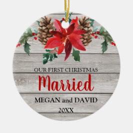 Eerste Kerstmis trouwde met rustige winterbloemen Keramisch Ornament