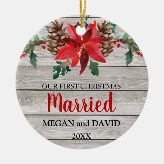 Eerste Kerstmis trouwde met rustige winterbloemen Keramisch Ornament (Voorkant)