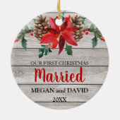 Eerste Kerstmis trouwde met rustige winterbloemen Keramisch Ornament (Achterkant)