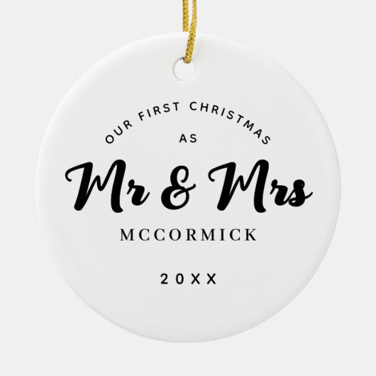 Eerste Kerstmis trouwde Mr en Mrs Script Name Keramisch Ornament (Voorkant)