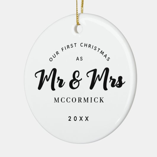 Eerste Kerstmis trouwde Mr en Mrs Script Name Keramisch Ornament (Links)