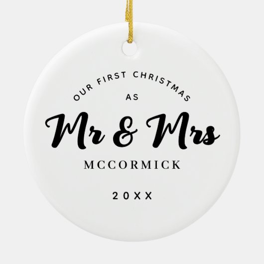 Eerste Kerstmis trouwde Mr en Mrs Script Name Keramisch Ornament (Achterkant)
