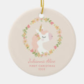Eerste Kerstmis Unicorn Floral WreatCustom Name Keramisch Ornament (Voorkant)