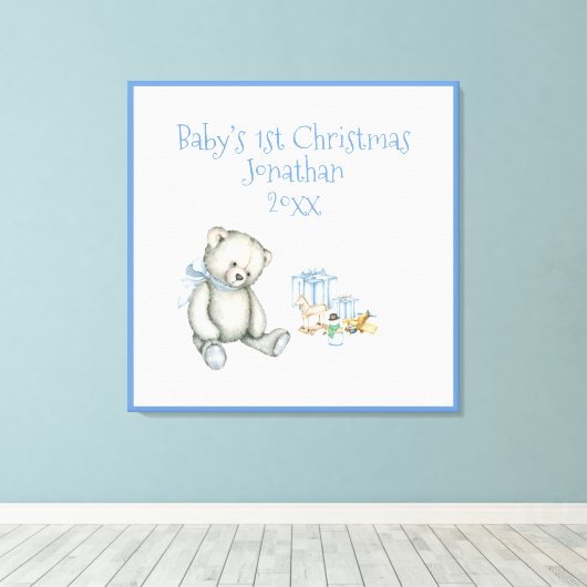 Eerste Kerstmis van baby - Aangepaste blauwe keepo Canvas Afdruk (Insitu (Houten vloer))