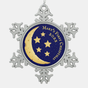 Eerste Kerstmis van baby, maan en sterren Aangepas Tin Sneeuwvlok Ornament
