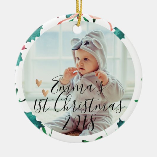 Eerste Kerstmis van de aangepaste baby | Kerstmis Keramisch Ornament (Voorkant)