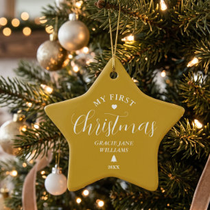 Eerste kerstmis van de baby, gouden aandenken met keramisch ornament