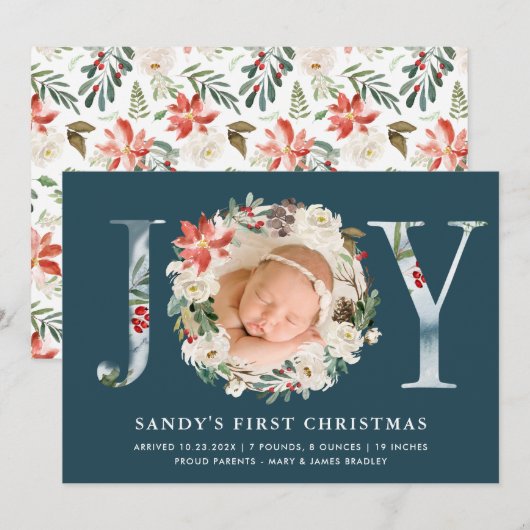 Eerste Kerstmis van de Baby JOY Poinsettia Bloem F Feestdagenkaart (Voorkant / Achterkant)