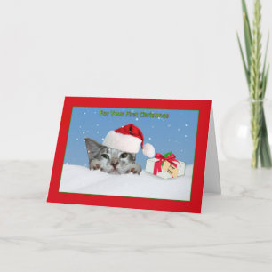 Eerste Kerstmis van de baby, Kat in Sneeuw Feestdagen Kaart