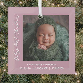 Eerste Kerstmis van de Baby Roze Blush Foto Glas Ornament