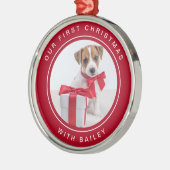 Eerste Kerstmis van de hond | Rood en Wit met Foto Metalen Ornament (Links)