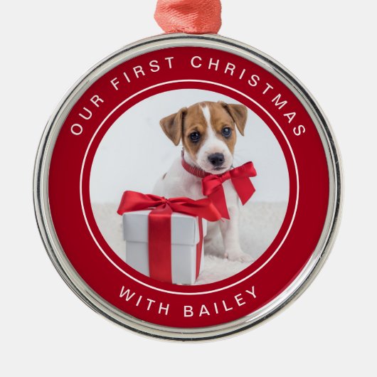 Eerste Kerstmis van de hond | Rood en Wit met Foto Metalen Ornament (Voorkant)