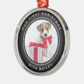 Eerste Kerstmis van de hond | Zwart-wit met foto Metalen Ornament (Links)