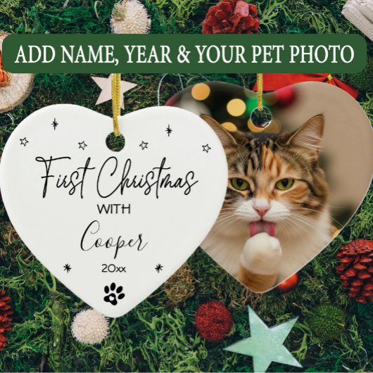 Eerste kerstmis van de kat, aangepaste naam en fot keramisch ornament