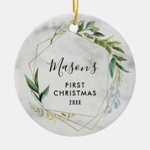 Eerste Kerstmis van de moderne baby   Baby Boy Fot Keramisch Ornament