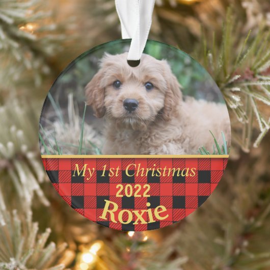 Eerste Kerstmis van de puppy Black & Red Check Ornament (Boom)