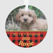 Eerste Kerstmis van de puppy Black & Red Check Ornament (achterkant)