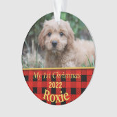 Eerste Kerstmis van de puppy Black & Red Check Ornament (voorkant)