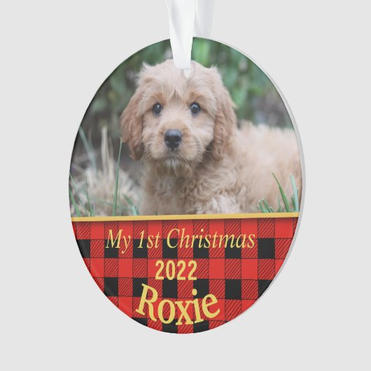 Eerste Kerstmis van de puppy Black & Red Check Ornament (voorkant)
