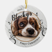 Eerste Kerstmis van de Puppy Houten Loof Hond Naam Keramisch Ornament (Voorkant)
