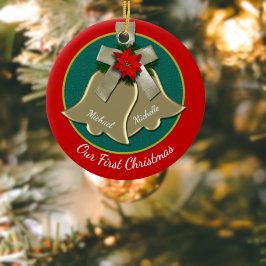 Eerste kerstmis van het nieuwe stel Gouden bellen Keramisch Ornament