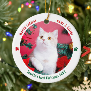 Eerste kerstmis van kat aangepast 2 foto huisdier keramisch ornament
