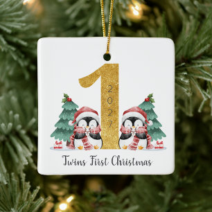 Eerste Kerstmis van Tweelingen Pinguïns Keramisch Ornament