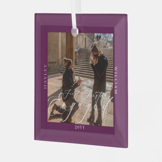 Eerste Kerstmis verloofde foto pruim Glas Ornament (Voorkant links)