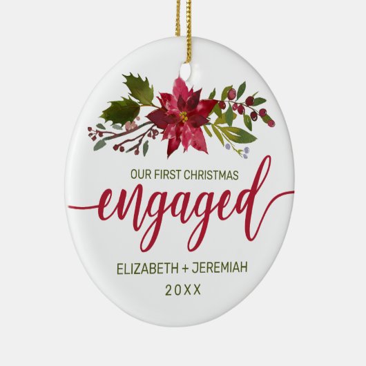 Eerste Kerstmis verloofde Waterverf Poinsettia Keramisch Ornament (Rechts)