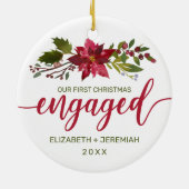 Eerste Kerstmis verloofde Waterverf Poinsettia Keramisch Ornament (Achterkant)