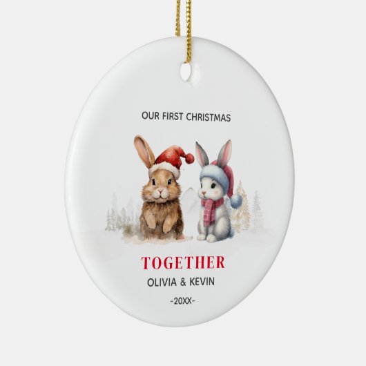 Eerste Kerstmis verloofde zich met konijntjes Keramisch Ornament (Rechts)