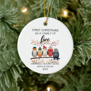 Eerste Kerstmis Vogel Familie van Vijf Keramisch Ornament