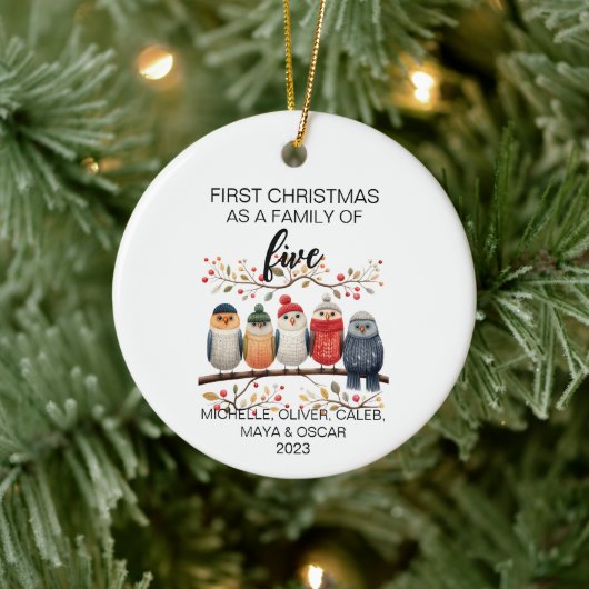 Eerste Kerstmis Vogel Familie van Vijf Keramisch Ornament (Boom)