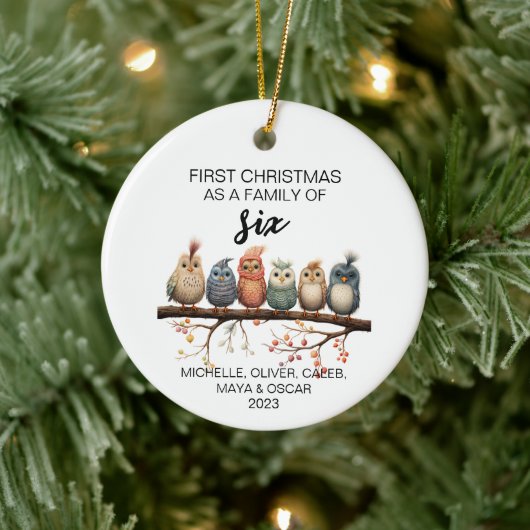 Eerste Kerstmis Vogel Familie van Zes Keramisch Ornament (Boom)