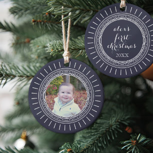 Eerste Kerstmis voor baby Moderne marine & witte Keramisch Ornament