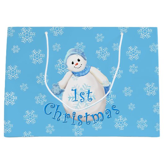 Eerste Kerstmis voor baby's Snowman en Snowflakes Large Cadeautasje (Voorkant)