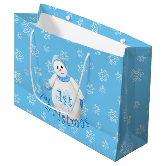 Eerste Kerstmis voor baby's Snowman en Snowflakes Large Cadeautasje (Voorkant Gekanteld)