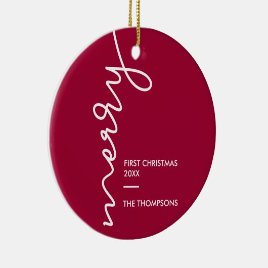 Eerste Kerstmis, vrolijk modern script | Foto Keramisch Ornament (Rechts)