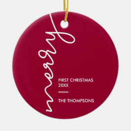 Eerste Kerstmis, vrolijk modern script | Foto Keramisch Ornament