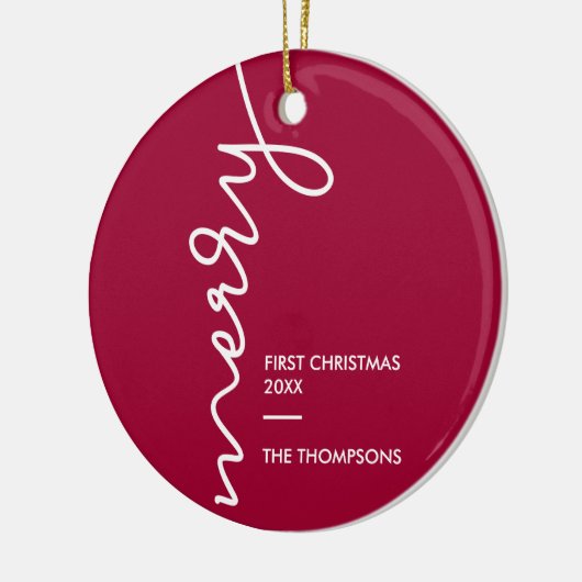 Eerste Kerstmis, vrolijk modern script | Foto Keramisch Ornament (Links)