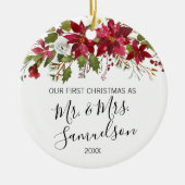 Eerste Kerstmis Waterverf Rode Poinsettia Keramisch Ornament (Voorkant)