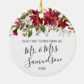 Eerste Kerstmis Waterverf Rode Poinsettia Keramisch Ornament (Achterkant)